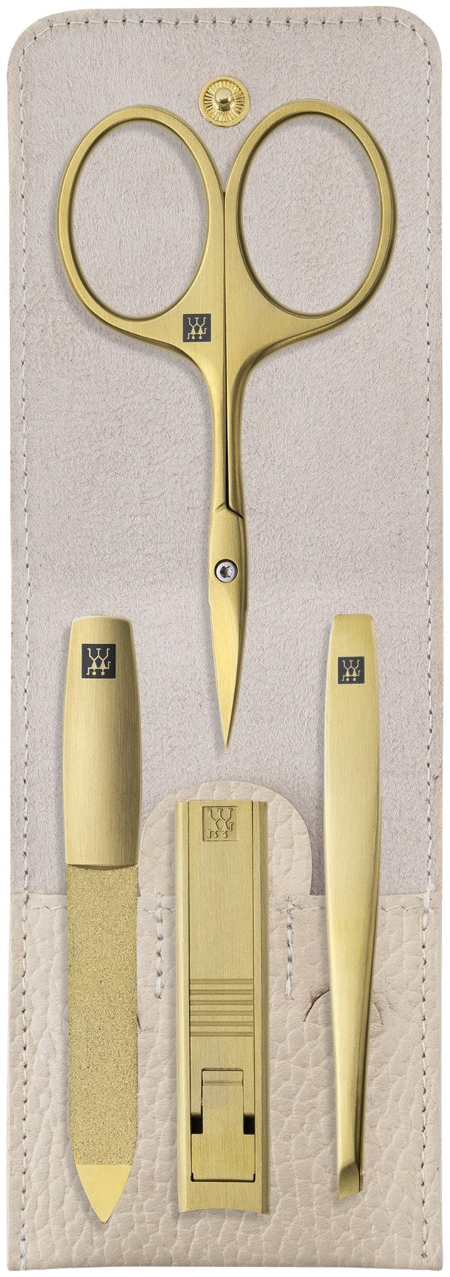 Vierteiliges Nagelpflegeset in beigem Echtleder-Etui mit Druckknopfverschluss von Zwilling Beauty, kompaktes Format für Reise und Alltag.