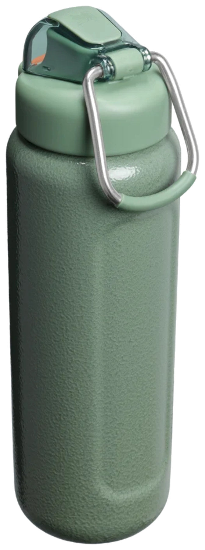Grüne Thermosflasche Wellspring von Stanley in Hammertone-Ausführung mit Metallbügel am Verschluss