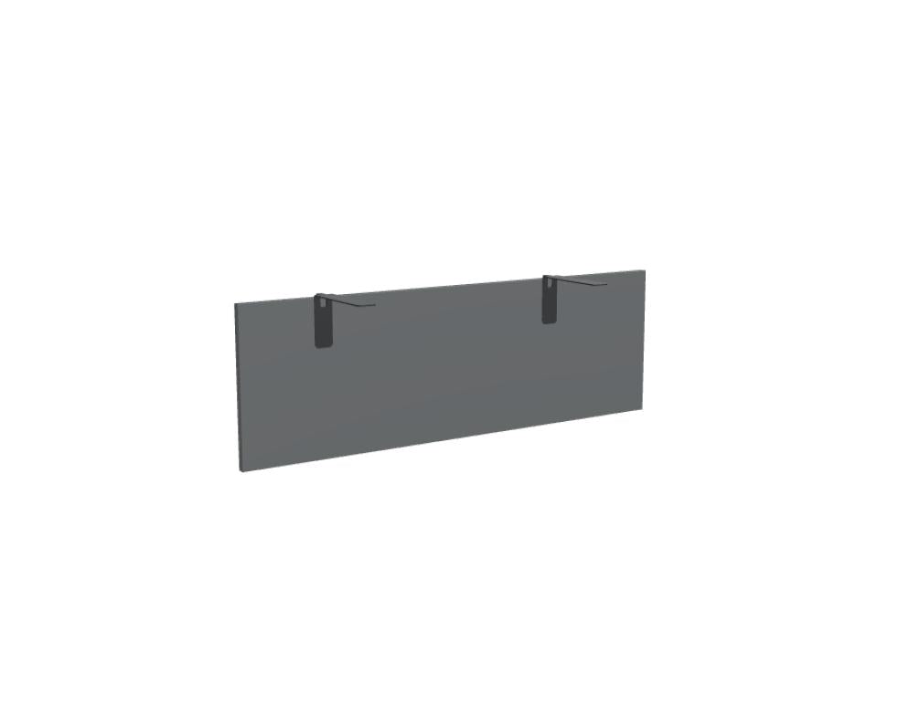 Knieblende aus Melamin in Honigeiche mit schwarzen Befestigungselementen, montiert unter einer Schreibtischplatte, rechteckige Form.
