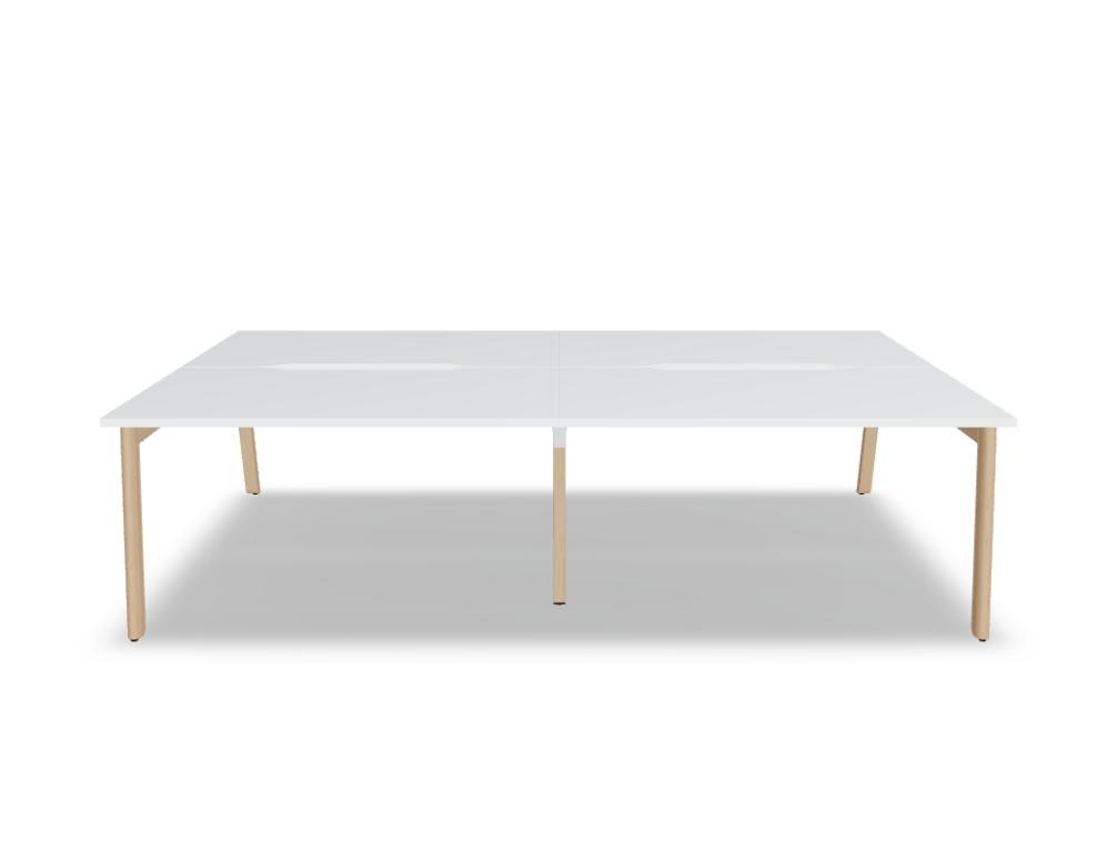 Doppelschreibtisch Ogi B Bench mit weisser Melaminplatte und Gestell aus natürlichem Buchenholz, zwei Arbeitsplätze nebeneinander.