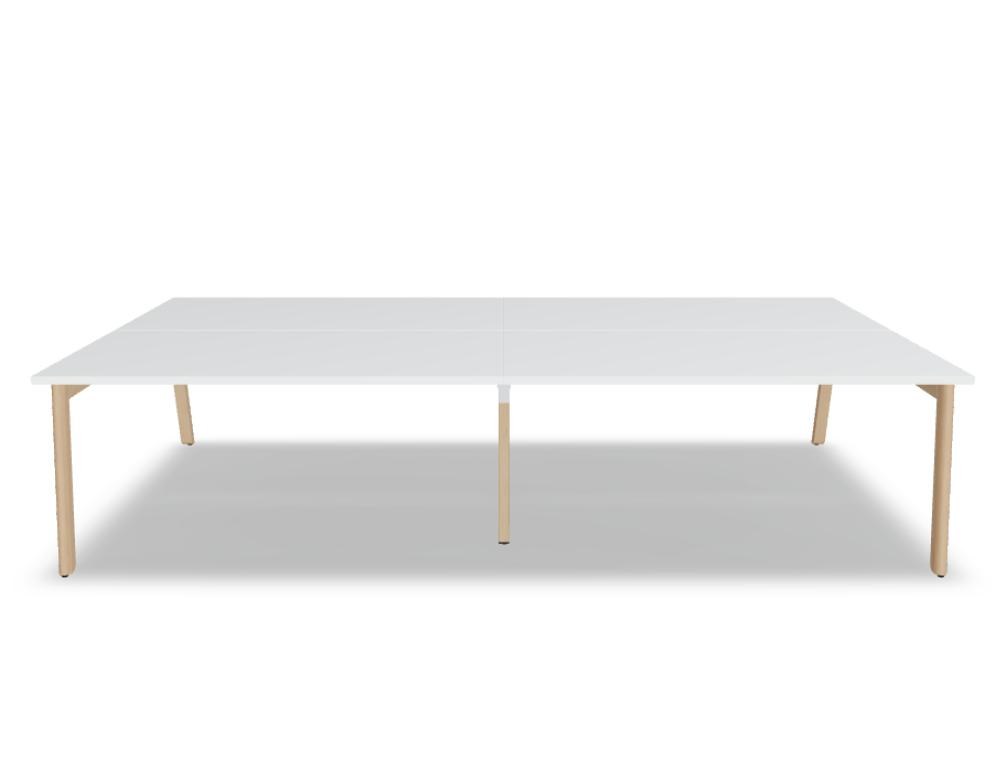 Doppelschreibtisch Ogi B Bench mit weisser Melaminplatte und Gestell aus natürlichem Buchenholz, zwei Arbeitsplätze nebeneinander.