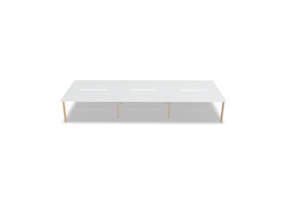 Doppelschreibtisch Ogi B Bench mit weisser Melaminplatte und Gestell aus natürlichem Buchenholz, zwei Arbeitsplätze nebeneinander.