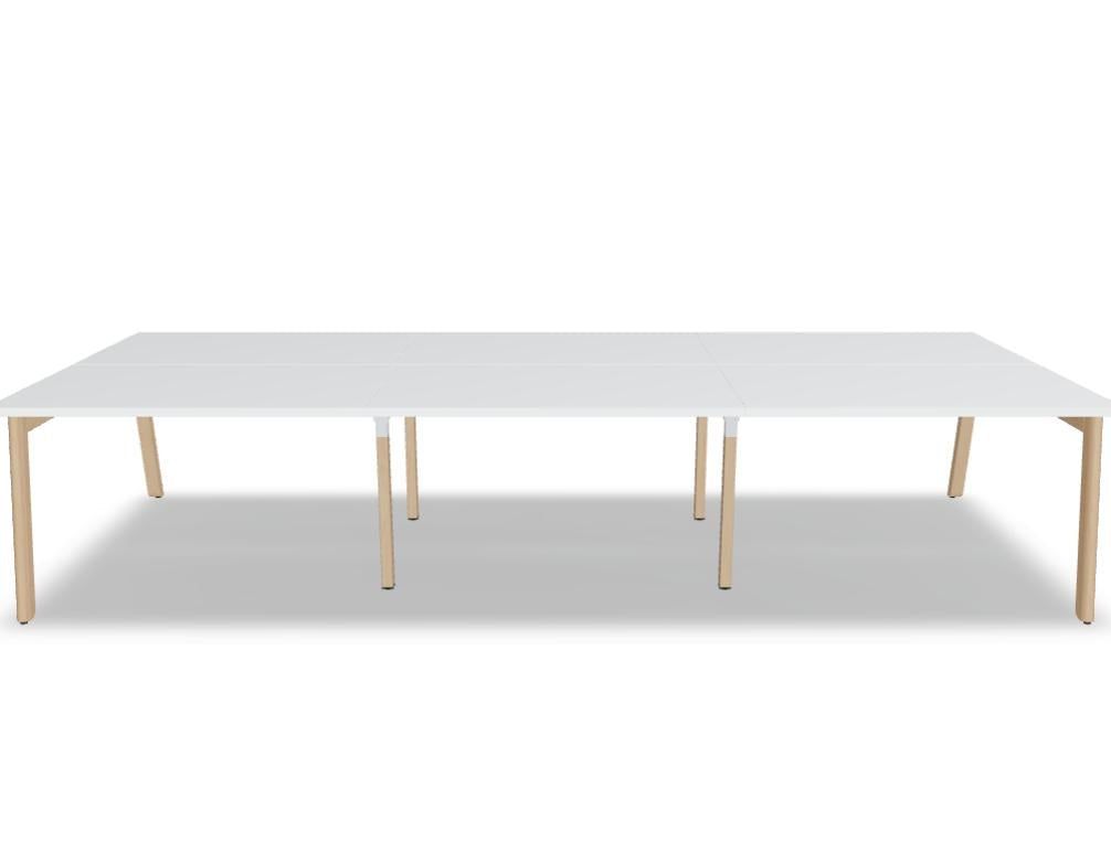Doppelschreibtisch Ogi B Bench mit weisser Melaminplatte und Gestell aus natürlichem Buchenholz, zwei Arbeitsplätze nebeneinander.
