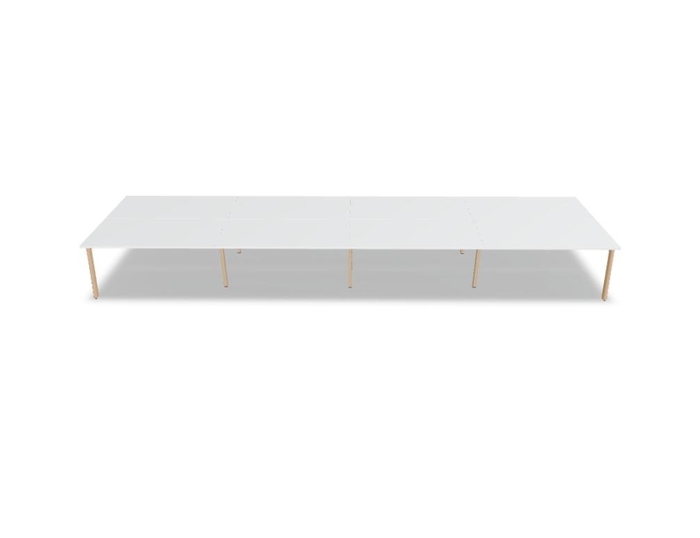 Doppelschreibtisch Ogi B Bench mit weisser Melaminplatte und Gestell aus natürlichem Buchenholz, zwei Arbeitsplätze nebeneinander.