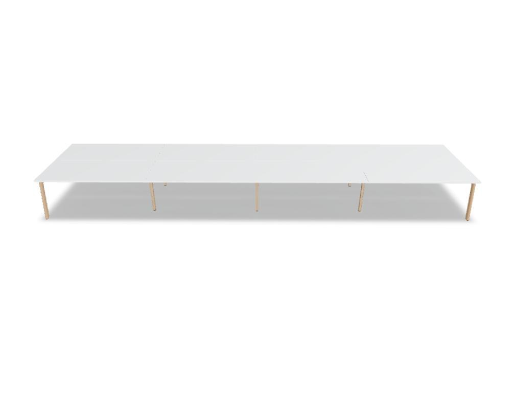 Doppelschreibtisch Ogi B Bench mit weisser Melaminplatte und Gestell aus natürlichem Buchenholz, zwei Arbeitsplätze nebeneinander.