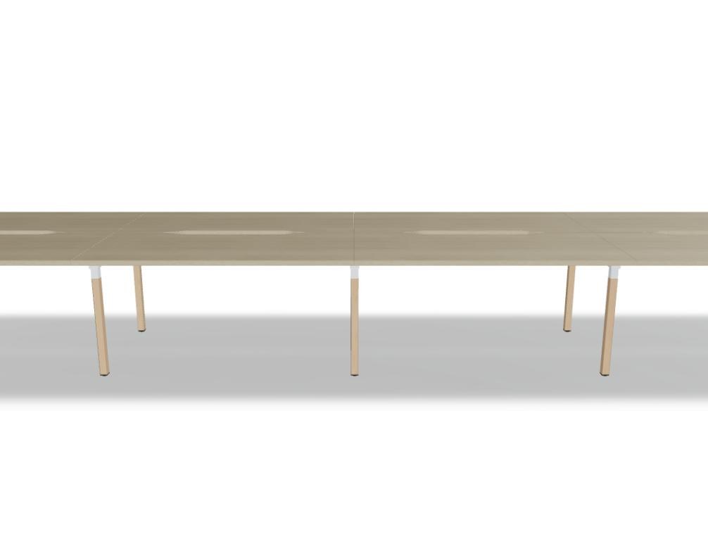 Doppelschreibtisch Ogi B Bench mit weisser Melaminplatte und Gestell aus natürlichem Buchenholz, zwei Arbeitsplätze nebeneinander.