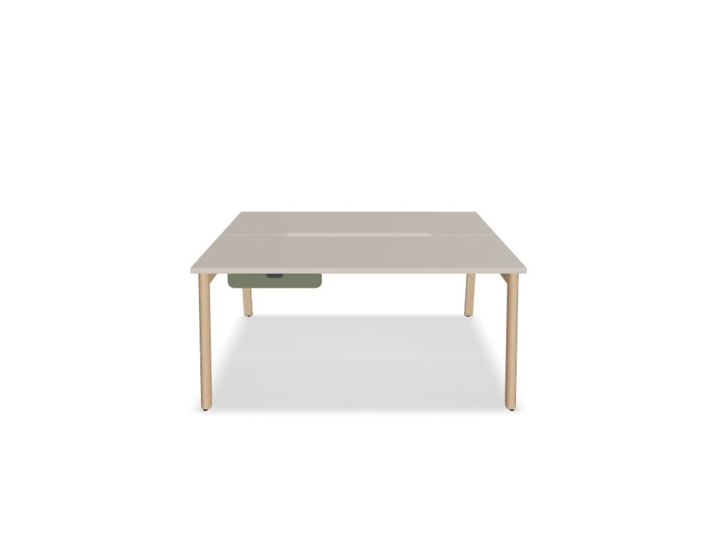 Doppelschreibtisch Ogi B Bench mit weisser Melaminplatte und Gestell aus natürlichem Buchenholz, zwei Arbeitsplätze nebeneinander.