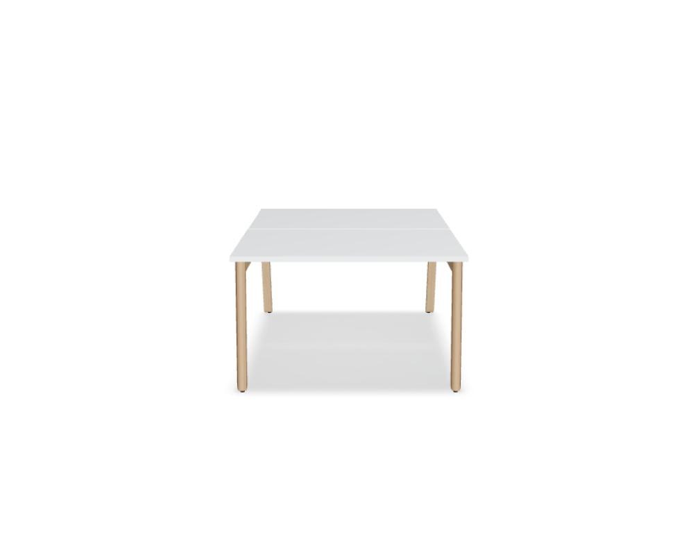 Doppelschreibtisch Ogi B Bench mit weisser Melaminplatte und Gestell aus natürlichem Buchenholz, zwei Arbeitsplätze nebeneinander.