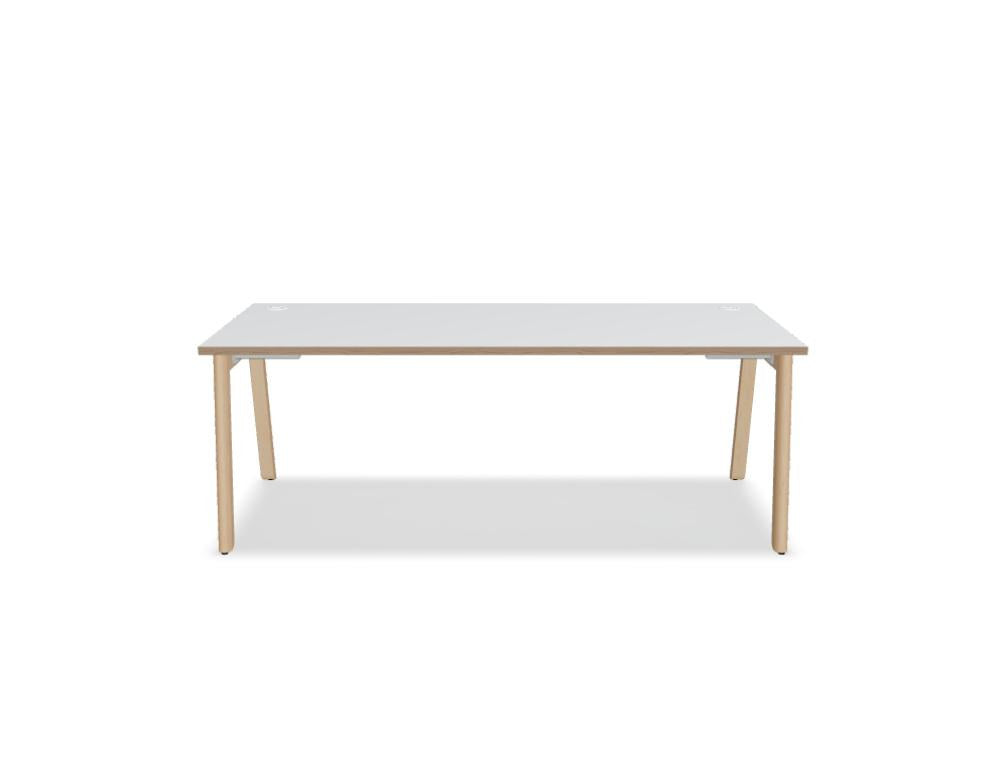 Schreibtisch Ogi B von Mdd mit weisser Melaminplatte in Pastellton und Gestell aus natürlichem Buchenholz, schlichtes skandinavisches Design.
