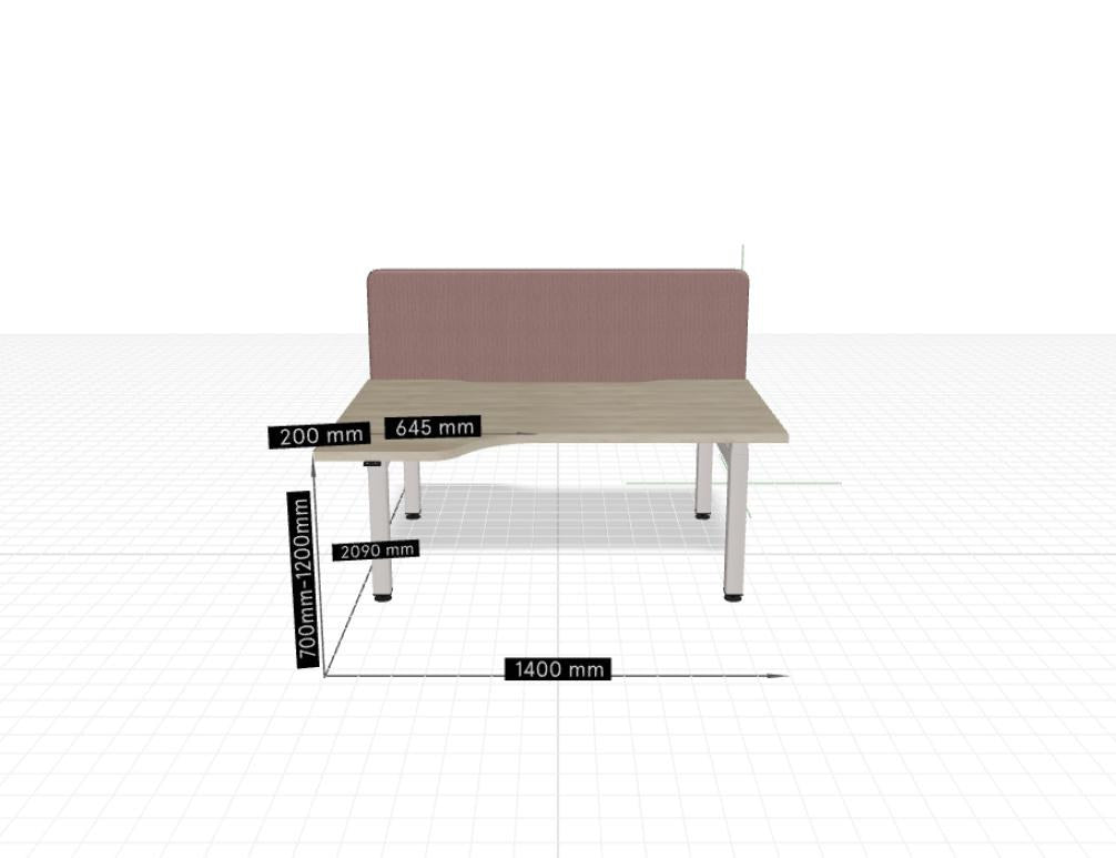 Doppelschreibtisch Ogi Drive Bench in Honigeiche mit schwarzem Metallgestell, zwei Teleskopsäulen und Bedienfeldern für Höhenverstellung.