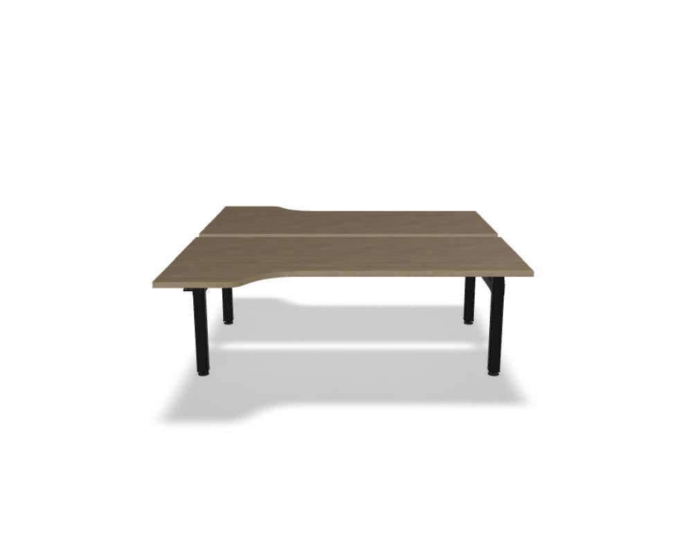 Doppelschreibtisch Ogi Drive Bench in Honigeiche mit schwarzem Metallgestell, zwei Teleskopsäulen und Bedienfeldern für Höhenverstellung.