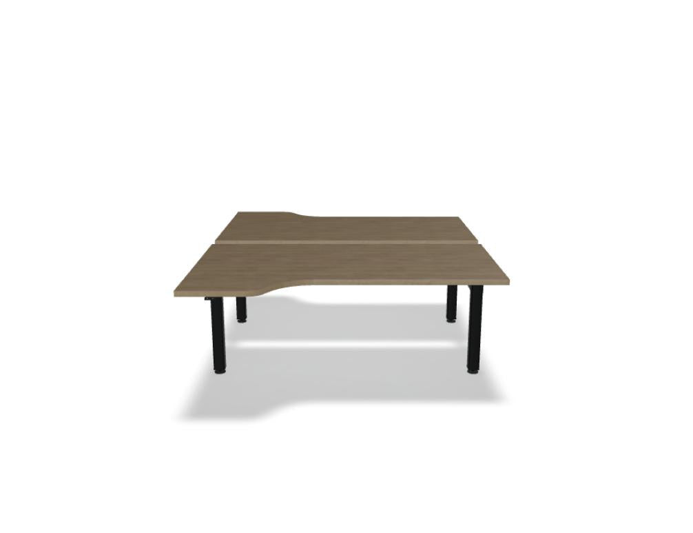 Doppelschreibtisch Ogi Drive Bench in Honigeiche mit schwarzem Metallgestell, zwei Teleskopsäulen und Bedienfeldern für Höhenverstellung.