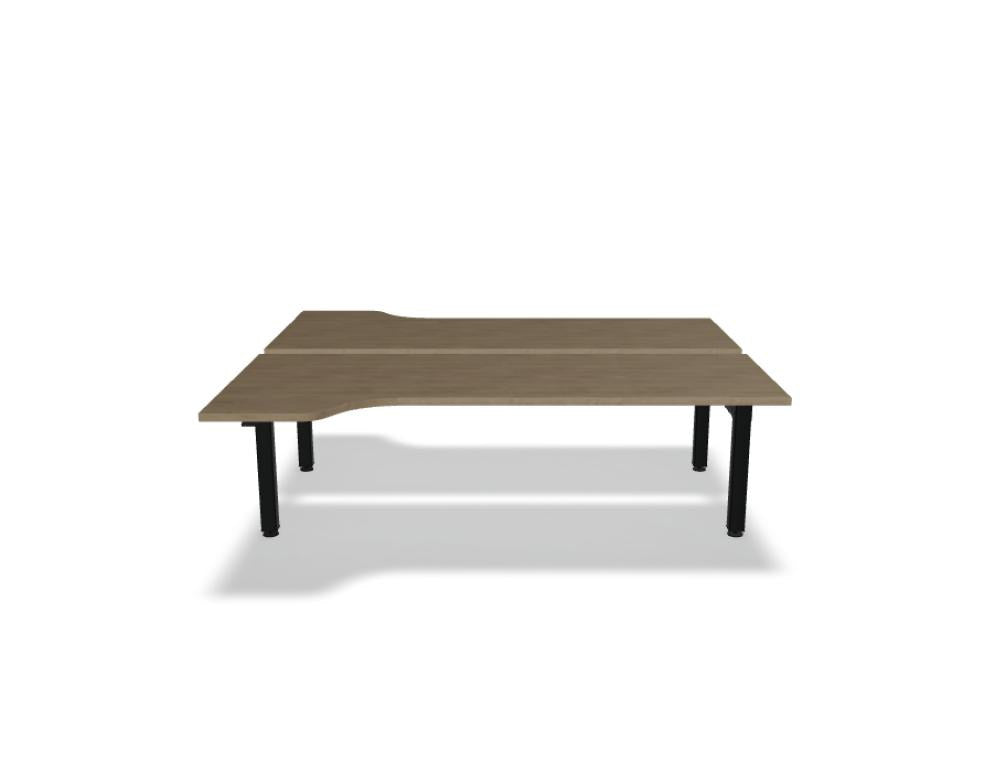Doppelschreibtisch Ogi Drive Bench in Honigeiche mit schwarzem Metallgestell, zwei Teleskopsäulen und Bedienfeldern für Höhenverstellung.