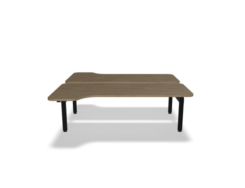 Doppelschreibtisch Ogi Drive Bench in Honigeiche mit schwarzem Metallgestell, zwei Teleskopsäulen und Bedienfeldern für Höhenverstellung.