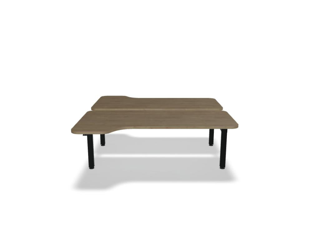 Doppelschreibtisch Ogi Drive Bench in Honigeiche mit schwarzem Metallgestell, zwei Teleskopsäulen und Bedienfeldern für Höhenverstellung.