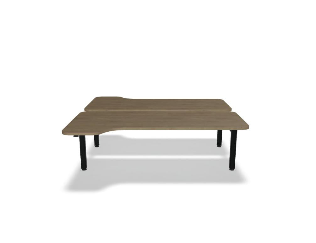 Doppelschreibtisch Ogi Drive Bench in Honigeiche mit schwarzem Metallgestell, zwei Teleskopsäulen und Bedienfeldern für Höhenverstellung.