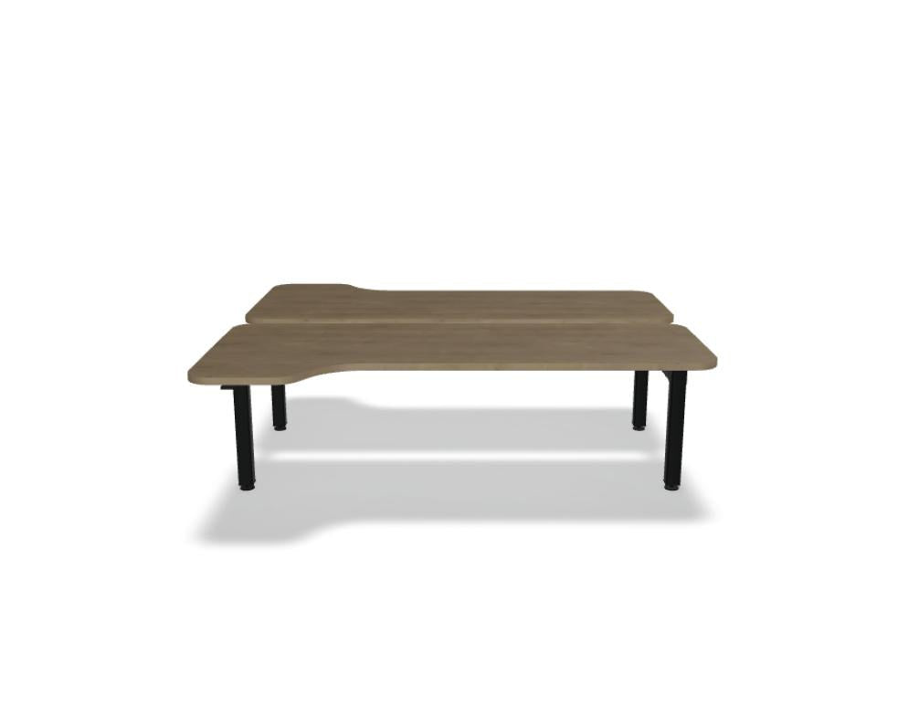Doppelschreibtisch Ogi Drive Bench in Honigeiche mit schwarzem Metallgestell, zwei Teleskopsäulen und Bedienfeldern für Höhenverstellung.