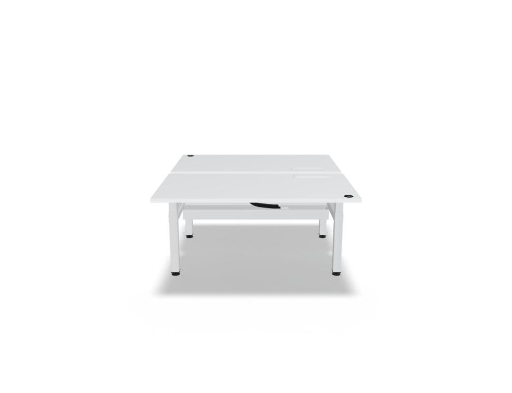 Doppelschreibtisch Ogi Drive Bench von Mdd in Honigeiche mit schwarzem Metallgestell und zweimotorigem Hubmechanismus.