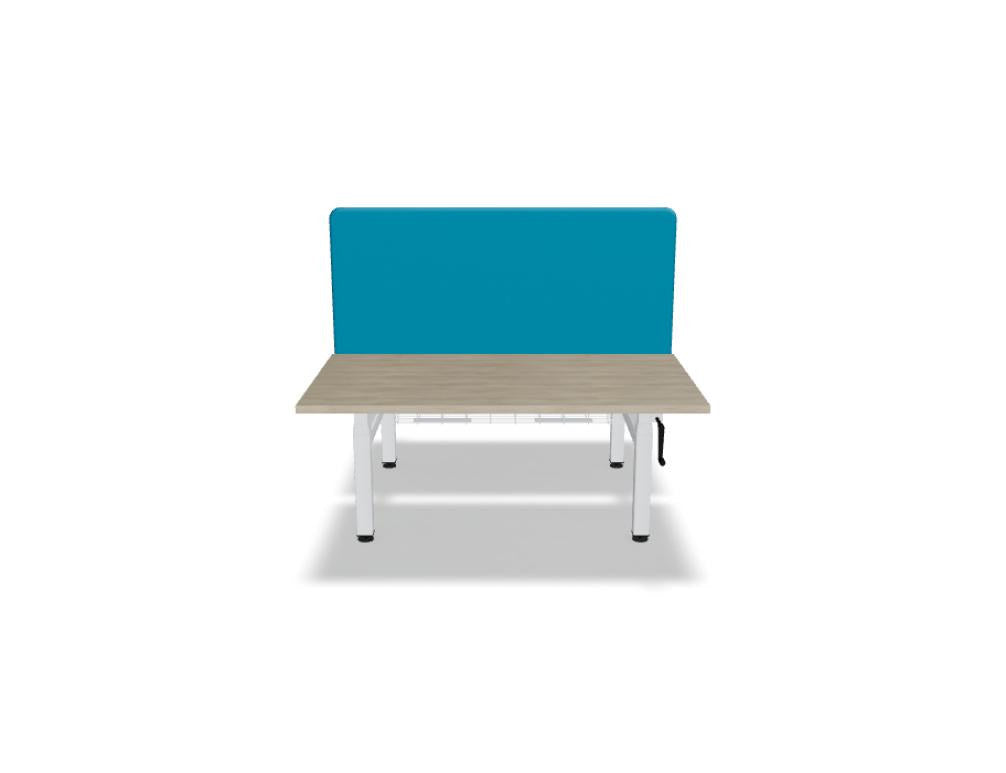 Doppelschreibtisch Ogi Drive Bench von Mdd mit Tischplatte in Honigeiche, schwarzem Metallgestell und seitlicher Kurbel zur Höhenverstellung.