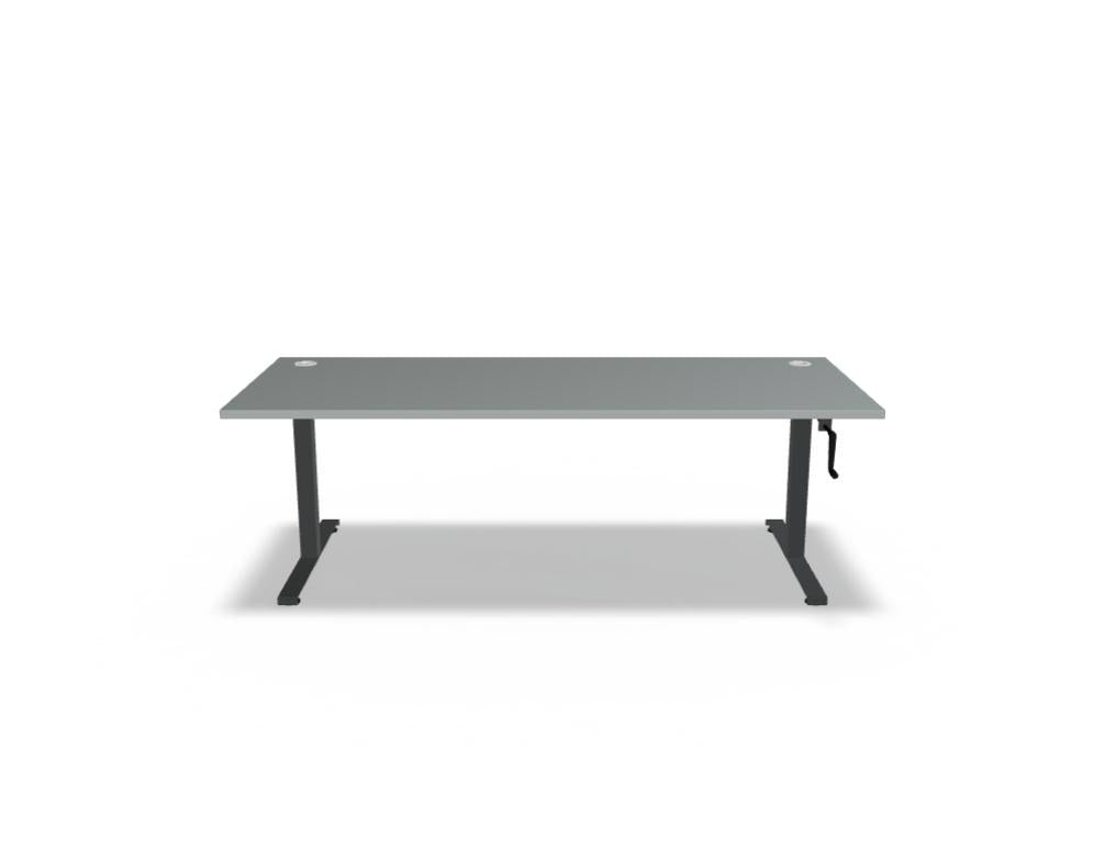 Schreibtisch Ogi Drive von Mdd mit Melaminplatte in Honigeiche, schwarzem Metallgestell und Kurbel zur manuellen Höhenverstellung.