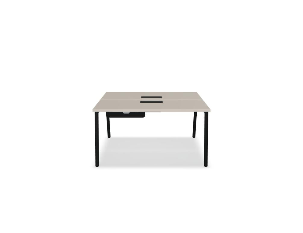 Doppelschreibtisch Ogi M Bench von Mdd mit Melamin-Tischplatte in Honigeiche und schwarzem Metallgestell, für zwei Arbeitsplätze.