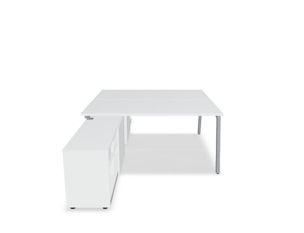 Ogi M Bench BOM40 Doppelschreibtisch von Mdd mit Holzplatte, weißen Gestellen und Kabelmanagement fürs Büro