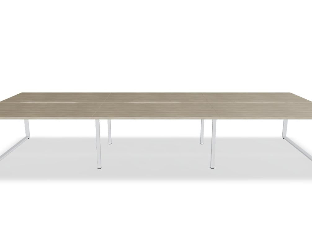 Ogi Q Bench BOQ33E3 Doppelschreibtisch von Mdd mit hellen Platten, schwarzem Gestell und Sichtschutz für moderne Büros