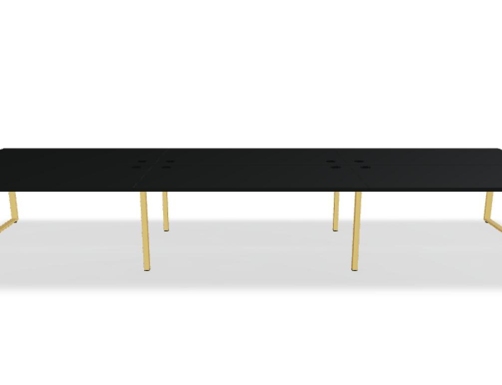 Doppelschreibtisch Ogi Q Bench mit Tischplatte in Honigeiche und schwarzem, pulverbeschichtetem Metallgestell, Ansicht von vorne.
