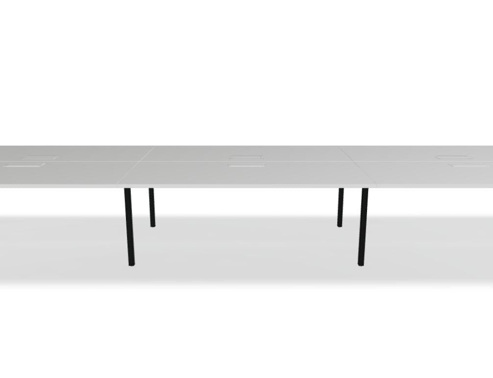 Doppelschreibtisch Ogi Q Bench mit Tischplatte in Honigeiche und schwarzem, pulverbeschichtetem Metallgestell, Ansicht von vorne.