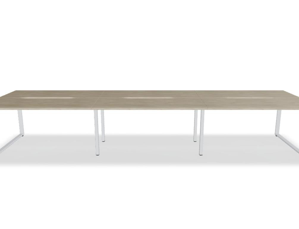 Doppelschreibtisch Ogi Q Bench mit Tischplatte in Honigeiche und schwarzem, pulverbeschichtetem Metallgestell, Ansicht von vorne.