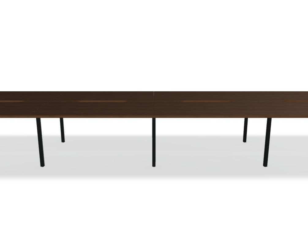 Doppelschreibtisch Ogi Q Bench mit Tischplatte in Honigeiche und schwarzem, pulverbeschichtetem Metallgestell, Ansicht von vorne.