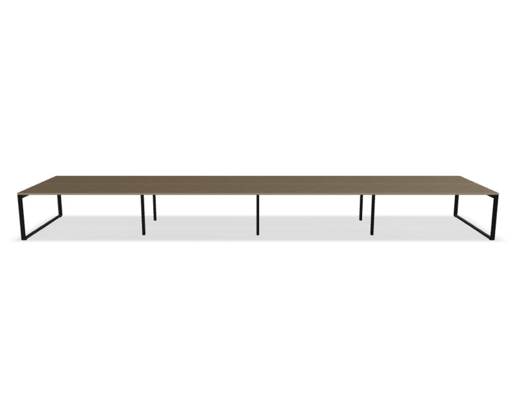 Doppelschreibtisch Ogi Q Bench mit Tischplatte in Honigeiche und schwarzem, pulverbeschichtetem Metallgestell, Ansicht von vorne.