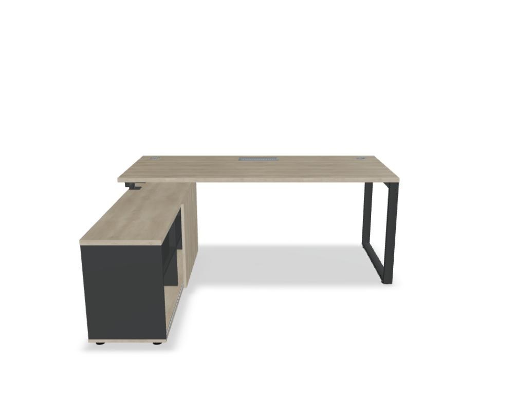 Schreibtisch Ogi Q mit Managerschrank in Honigeiche, schwarzem Metallgestell und schwarzem Schrankkorpus, quadratische Tischform.