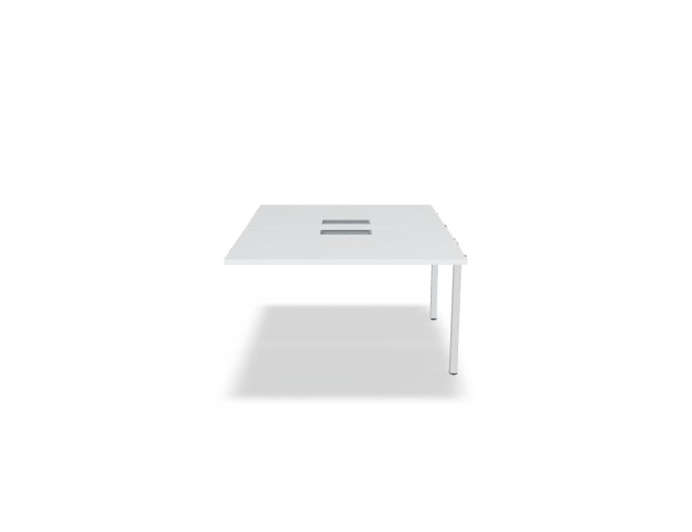 Doppelschreibtisch Ogi U Bench von Mdd mit Melaminplatte in Honigeiche und schwarzem Metallgestell, für zwei Arbeitsplätze.