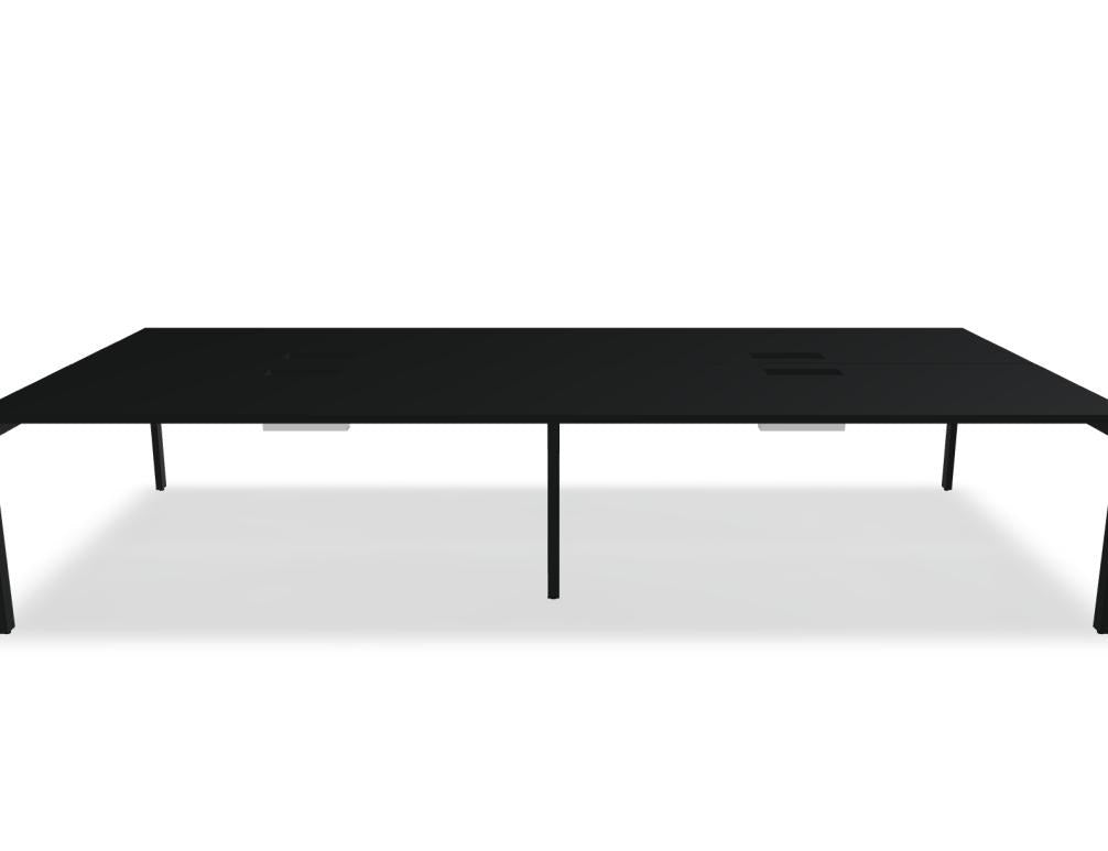Doppelschreibtisch Ogi U Bench von Mdd mit Melaminplatte in Honigeiche und schwarzem Metallgestell, für zwei Arbeitsplätze.