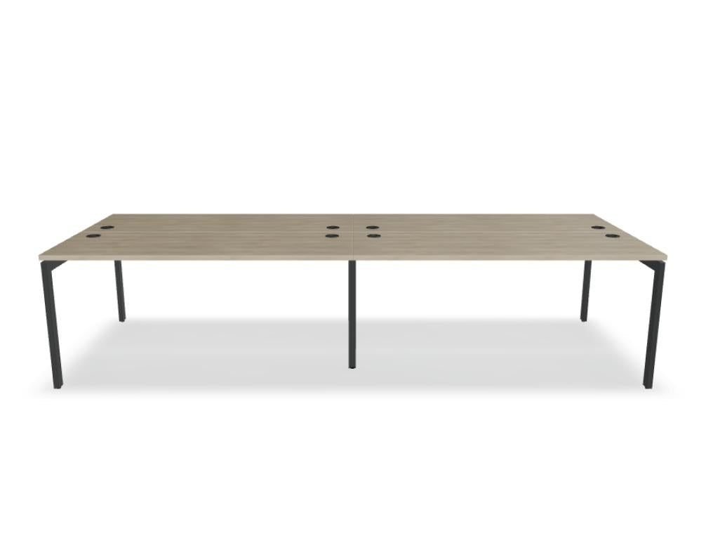 Doppelschreibtisch Ogi U Bench von Mdd mit Melaminplatte in Honigeiche und schwarzem Metallgestell, für zwei Arbeitsplätze.
