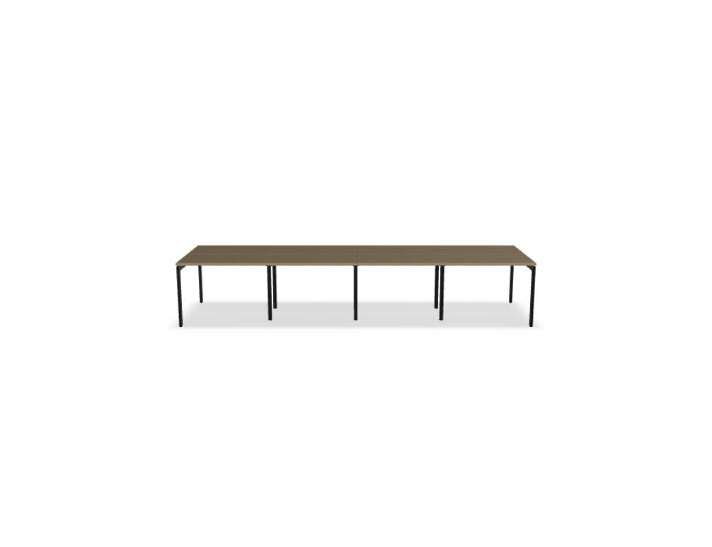 Doppelschreibtisch Ogi U Bench von Mdd mit Melaminplatte in Honigeiche und schwarzem Metallgestell, für zwei Arbeitsplätze.