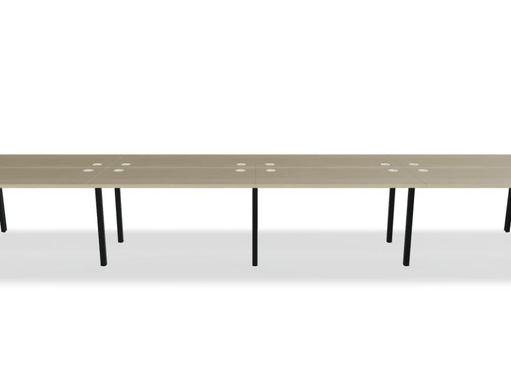 Doppelschreibtisch Ogi U Bench von Mdd mit Melaminplatte in Honigeiche und schwarzem Metallgestell, für zwei Arbeitsplätze.