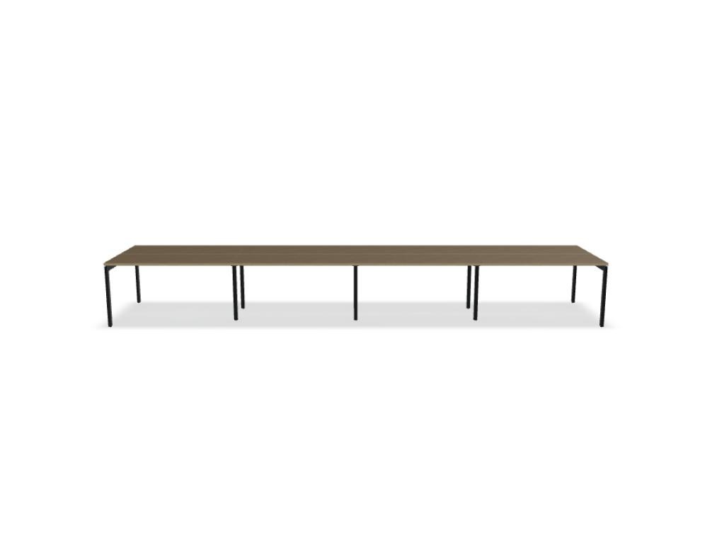 Doppelschreibtisch Ogi U Bench von Mdd mit Melaminplatte in Honigeiche und schwarzem Metallgestell, für zwei Arbeitsplätze.