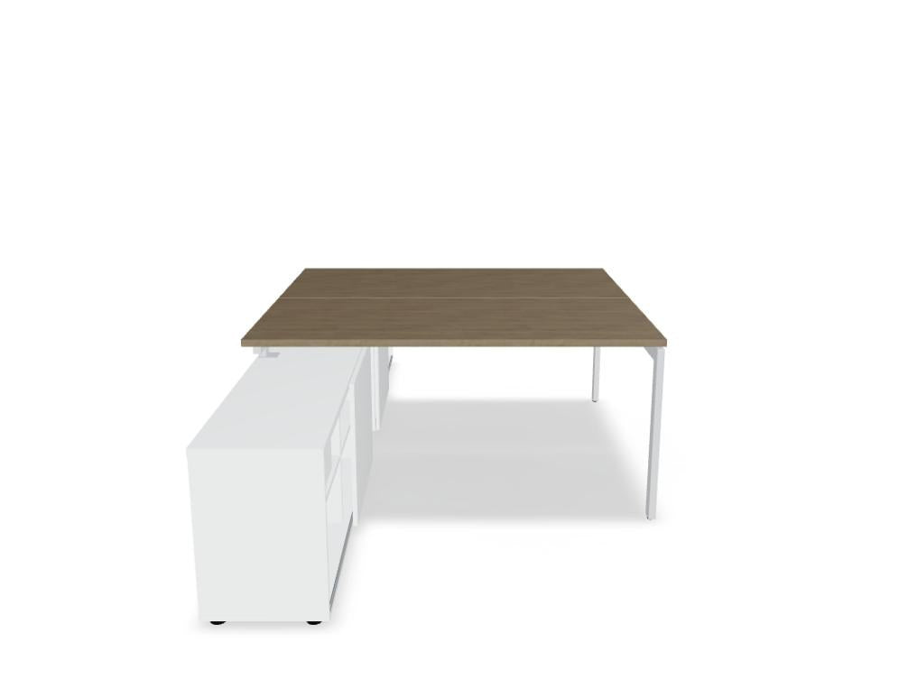 Doppelschreibtisch Ogi U Bench von Mdd mit Melaminplatte in Honigeiche und schwarzem Metallgestell, für zwei Arbeitsplätze.