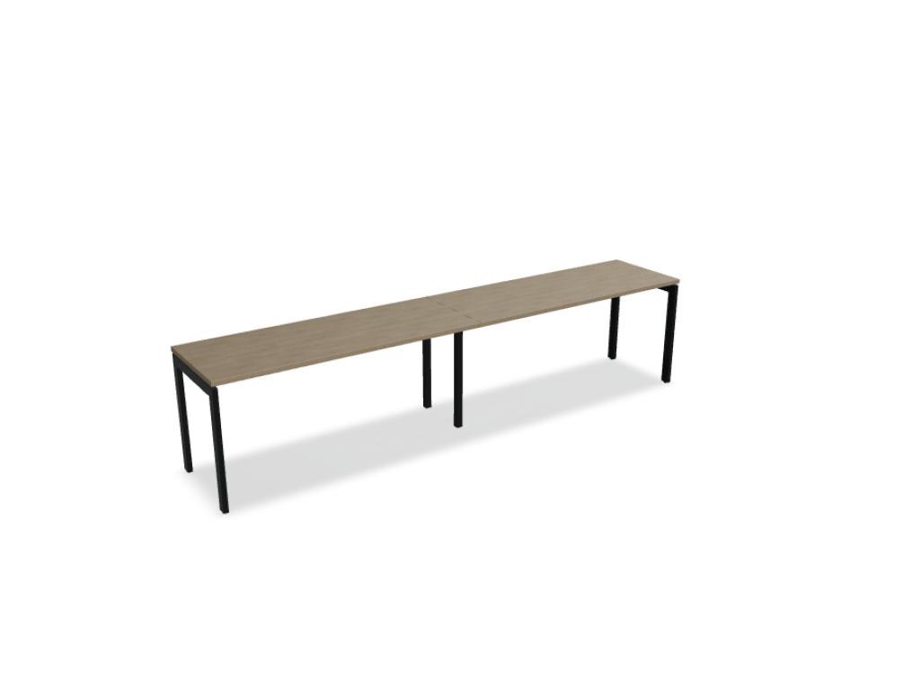 Schreibtisch Ogi U von Mdd mit Tischplatte in Honigeiche und pulverbeschichtetem, schwarzem Metallgestell im minimalistischen Design.