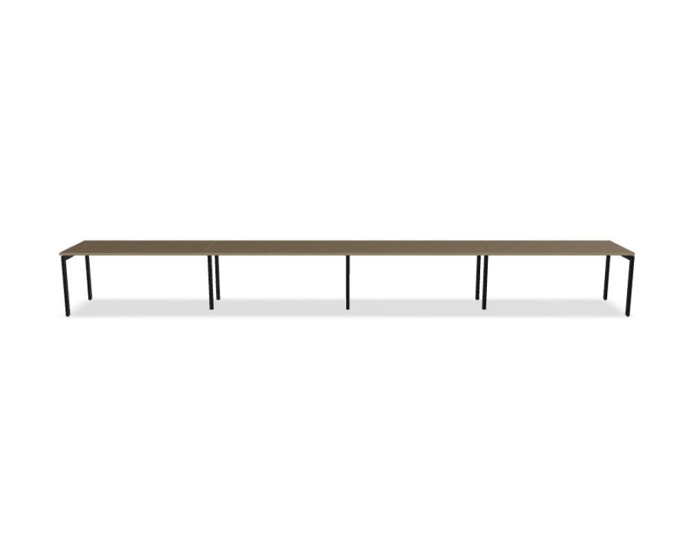 Schreibtisch Ogi U von Mdd mit Tischplatte in Honigeiche und pulverbeschichtetem, schwarzem Metallgestell im minimalistischen Design.