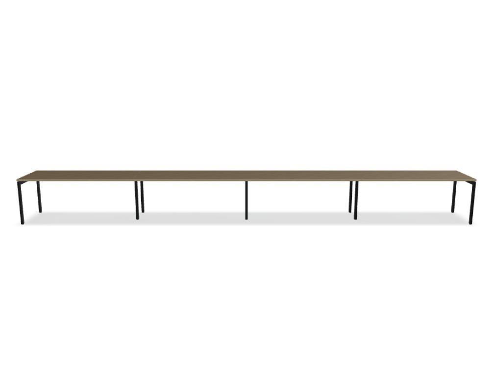 Schreibtisch Ogi U von Mdd mit Tischplatte in Honigeiche und pulverbeschichtetem, schwarzem Metallgestell im minimalistischen Design.