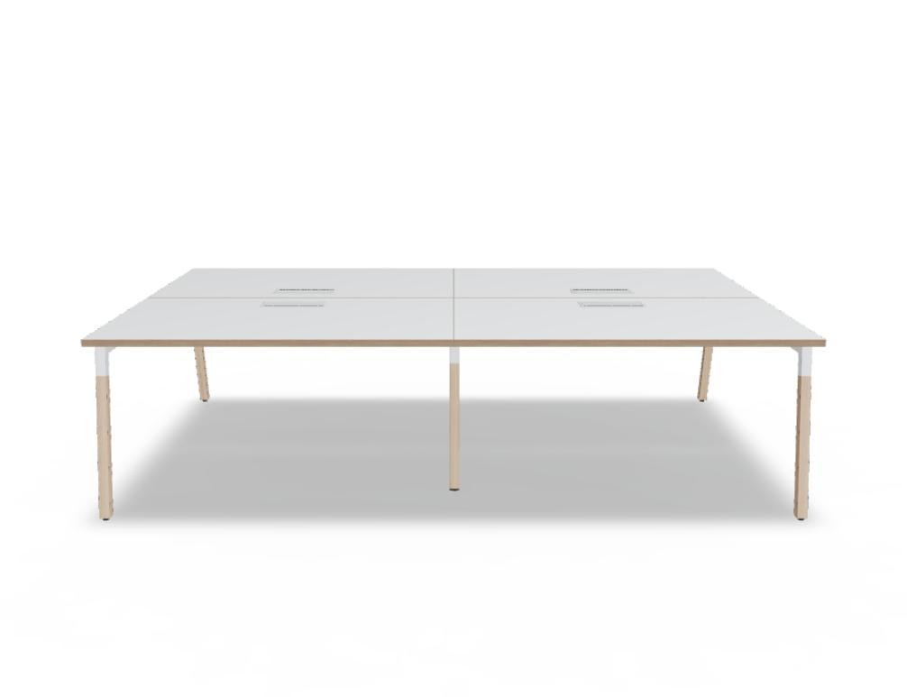 Doppelschreibtisch Ogi W Bench mit Platte in Honigeiche, Gestell aus Eschenholz und schwarzem Metallrahmen, für zwei Arbeitsplätze.
