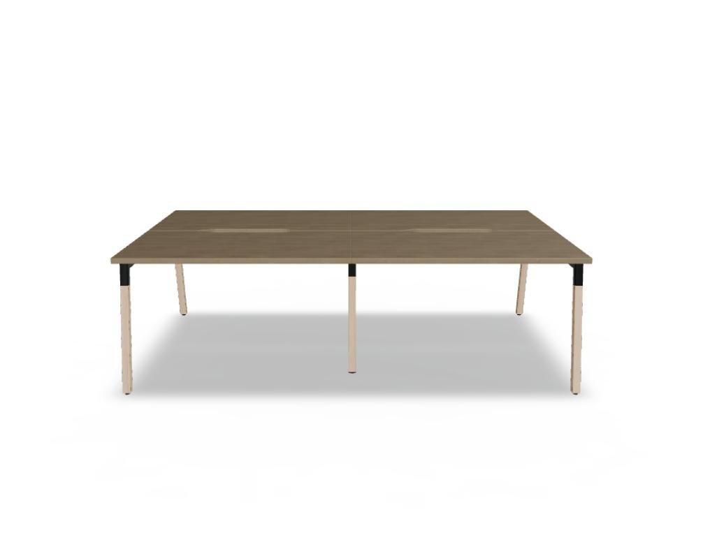 Doppelschreibtisch Ogi W Bench mit Platte in Honigeiche, Gestell aus Eschenholz und schwarzem Metallrahmen, für zwei Arbeitsplätze.