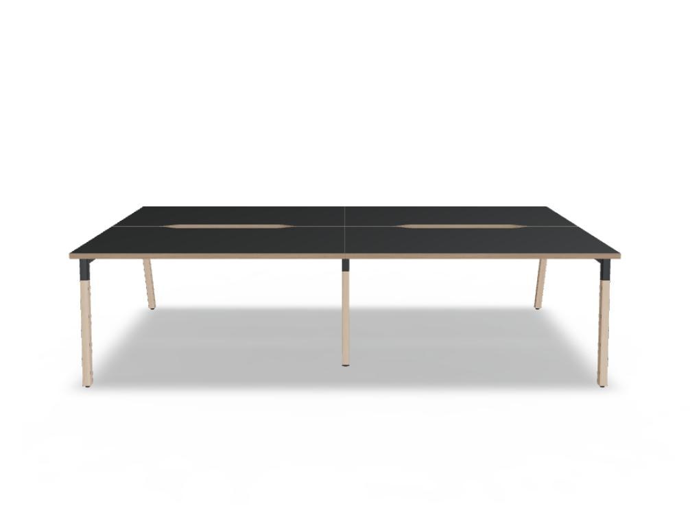 Doppelschreibtisch Ogi W Bench mit Platte in Honigeiche, Gestell aus Eschenholz und schwarzem Metallrahmen, für zwei Arbeitsplätze.