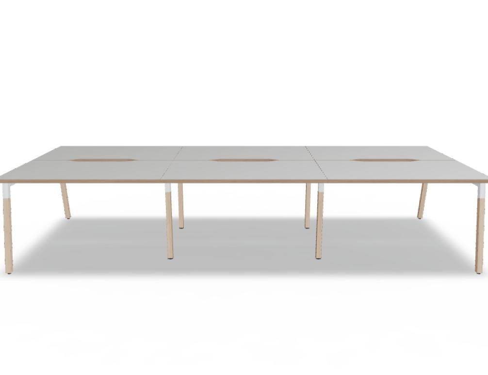 Doppelschreibtisch Ogi W Bench mit Platte in Honigeiche, Gestell aus Eschenholz und schwarzem Metallrahmen, für zwei Arbeitsplätze.