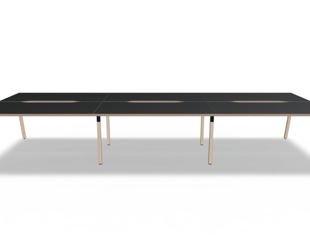 Doppelschreibtisch Ogi W Bench mit Platte in Honigeiche, Gestell aus Eschenholz und schwarzem Metallrahmen, für zwei Arbeitsplätze.