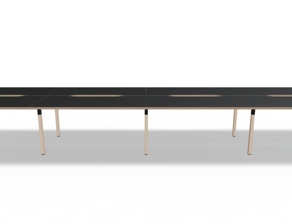 Doppelschreibtisch Ogi W Bench mit Platte in Honigeiche, Gestell aus Eschenholz und schwarzem Metallrahmen, für zwei Arbeitsplätze.