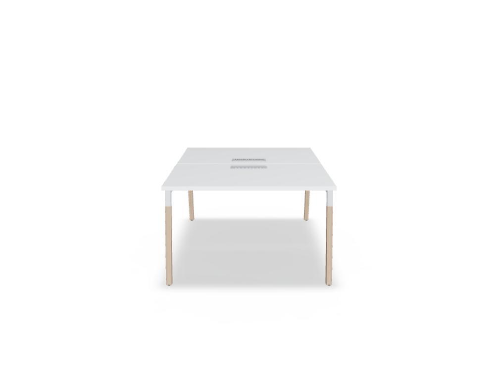 Doppelschreibtisch Ogi W Bench mit Platte in Honigeiche, Gestell aus Eschenholz und schwarzem Metallrahmen, für zwei Arbeitsplätze.